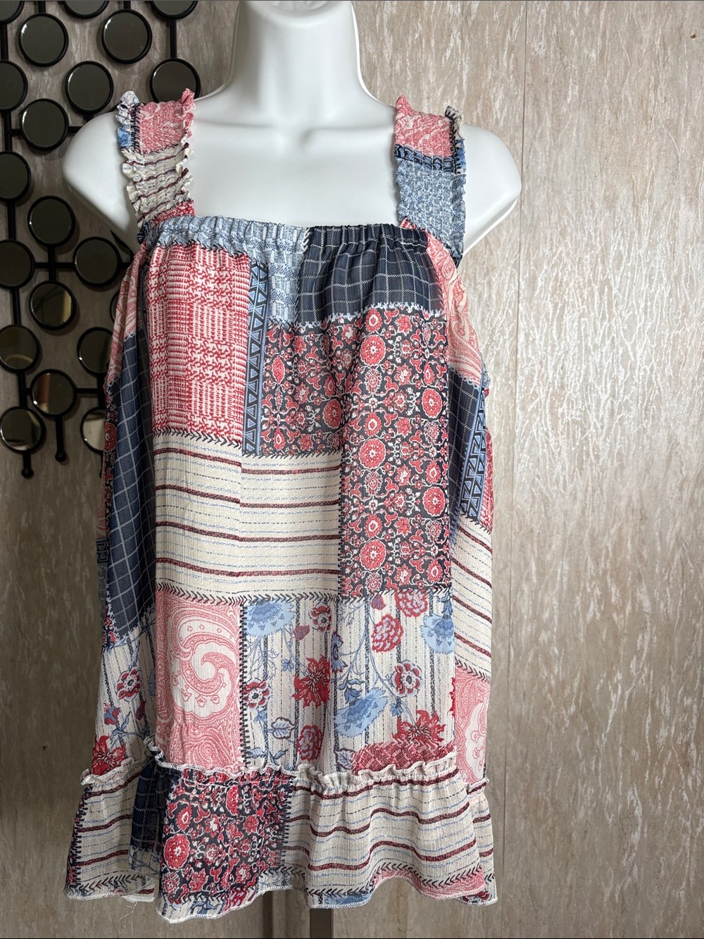 Patchwork Print Sleeveless Tank Top - Pink, Blue & Cream